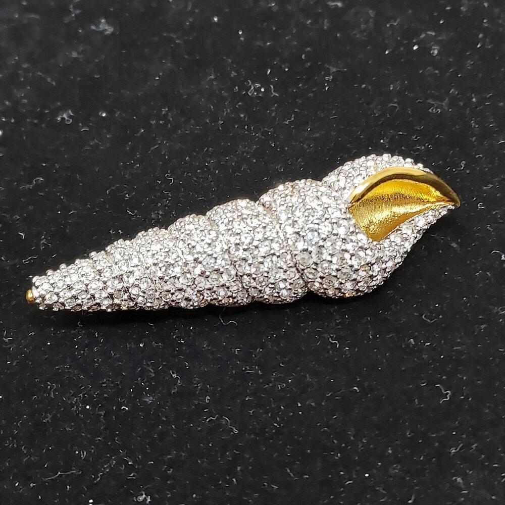 Swarovski Pave Crystal Conch Shell Brooch Gold Tone 2.75" Signed Vintage Retired